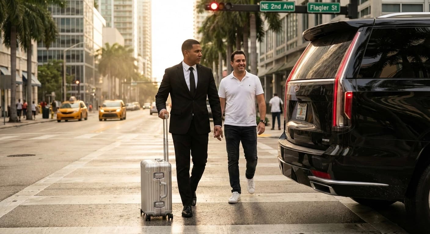 Black luxury SUV outside Fort Lauderdale-Hollywood International Airport — Miami Bliss private car service