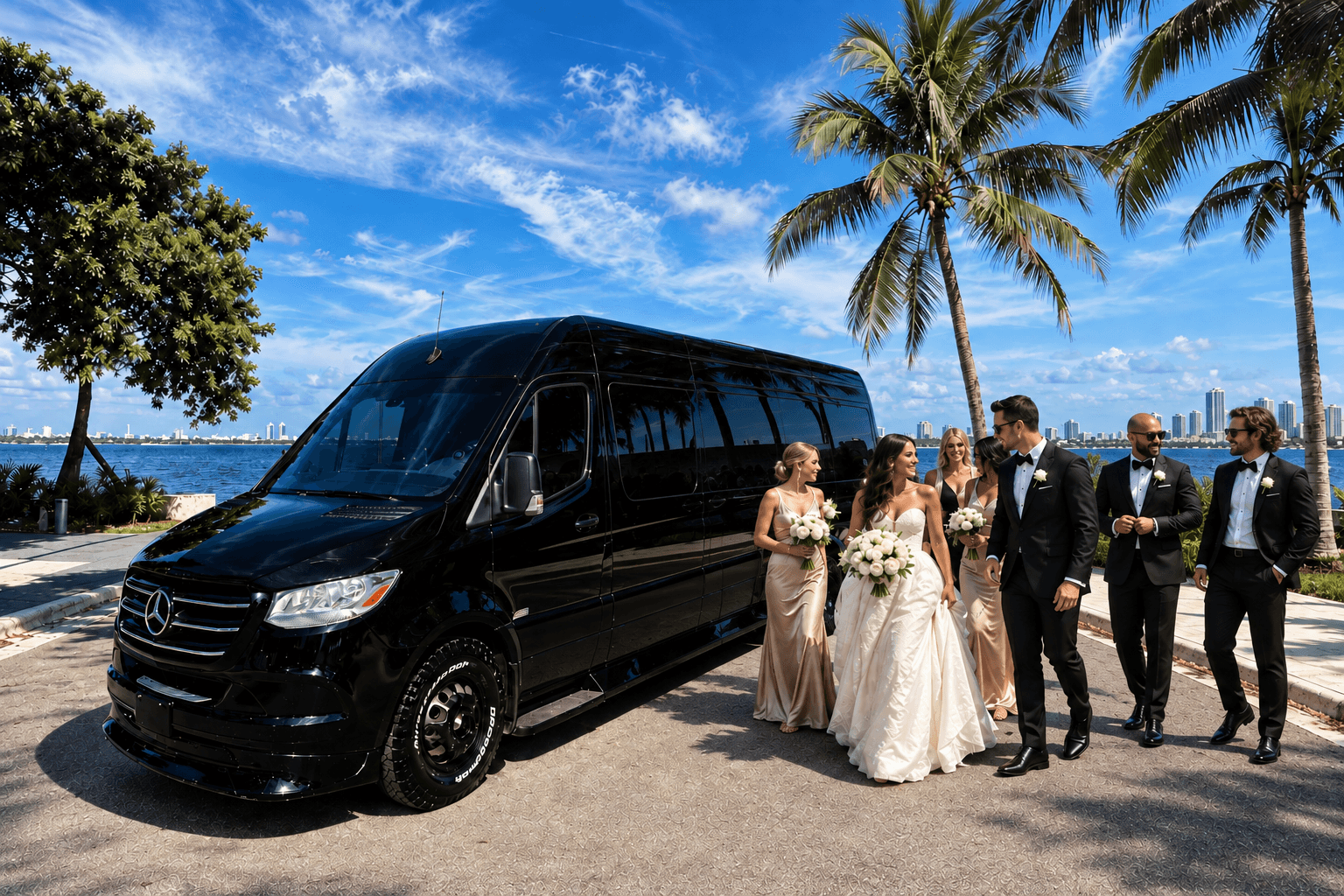 Bride stepping from a chauffeured vehicle on a Miami wedding day