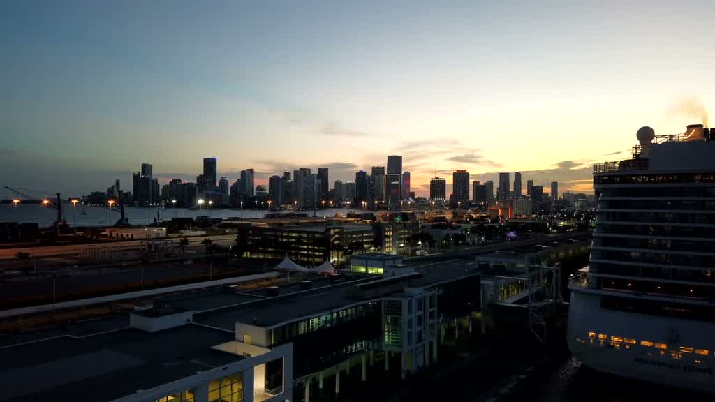 Downtown Miami and the PortMiami channel at dusk